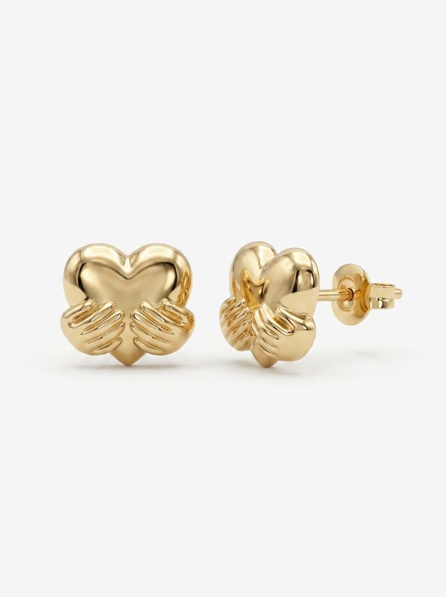 Heart In Hands Gold Earring - Gold Earring Pair