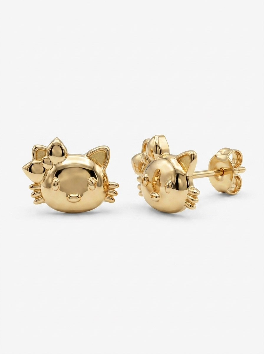 Bow Kitten Face Gold Earring - Gold Earring Pair