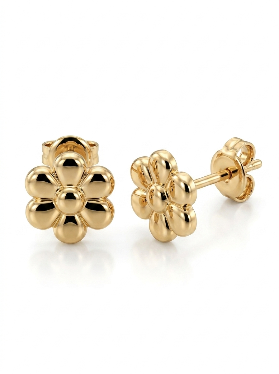 Puffy Daisy Gold Earring - Gold Earring Pair