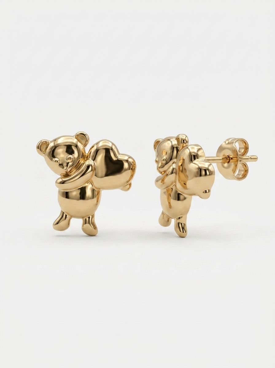 Bear Hugging Heart Gold Earring - Gold Earring Pair