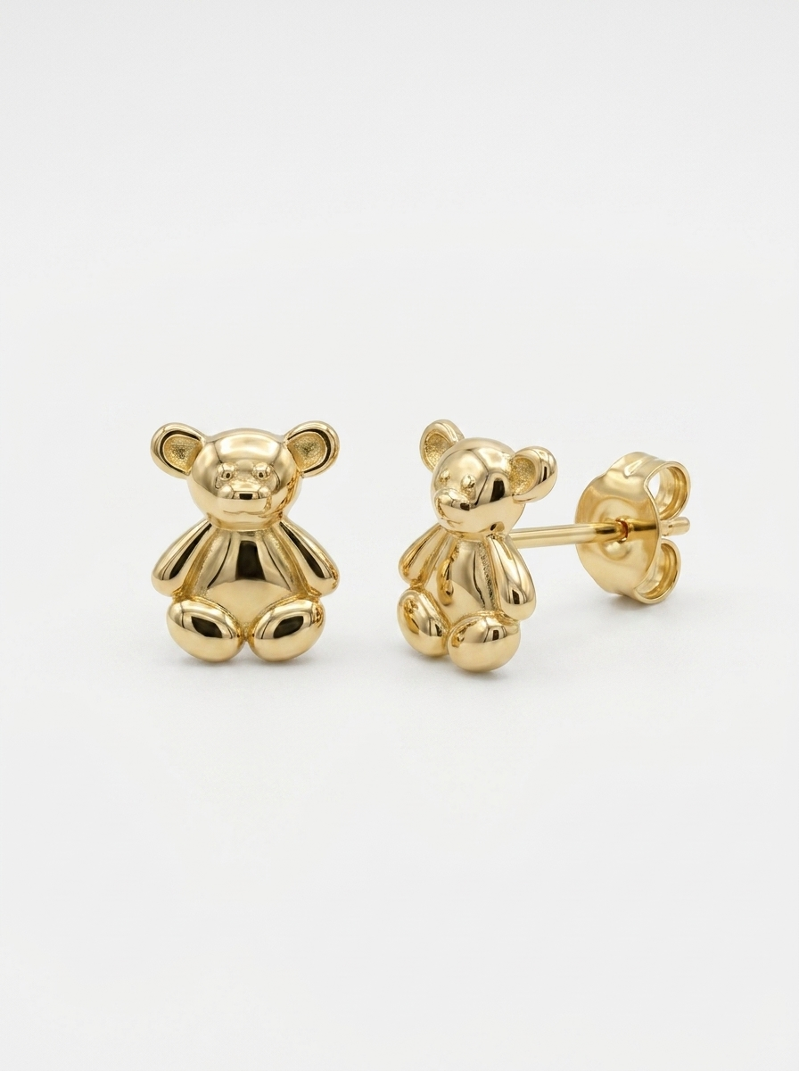 Seated Teddy Bear Gold Earring - Gold Earring Pair