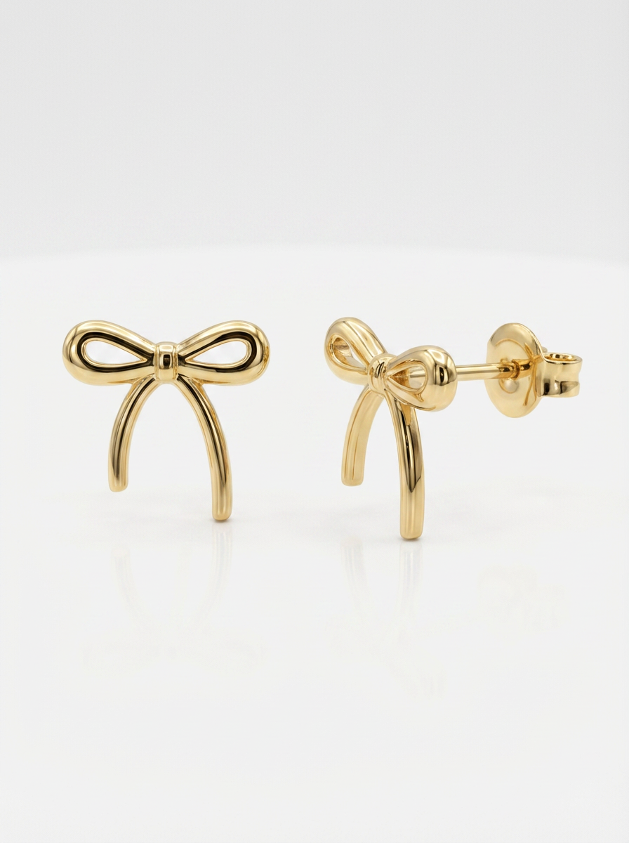 Trailing Ribbon Bow Gold Earring - Gold Earring Pair