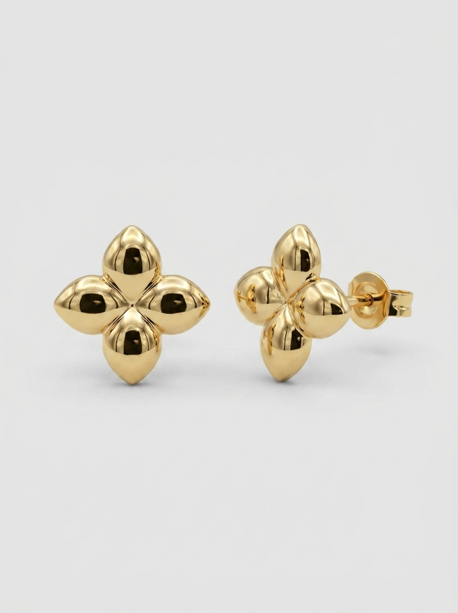 Puffed Clover Gold Earring - Gold Earring Pair