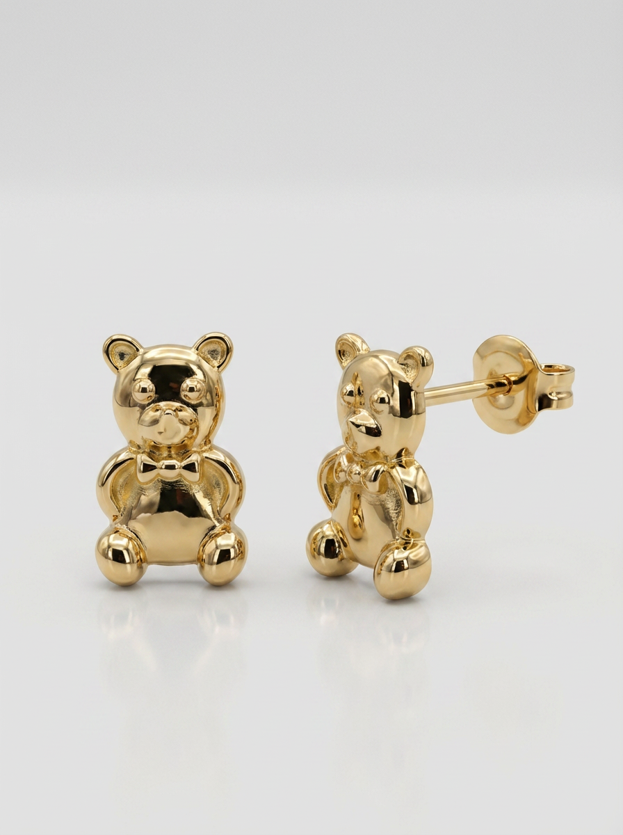 Bowtie Teddy Bear Gold Earring - Gold Earring Pair