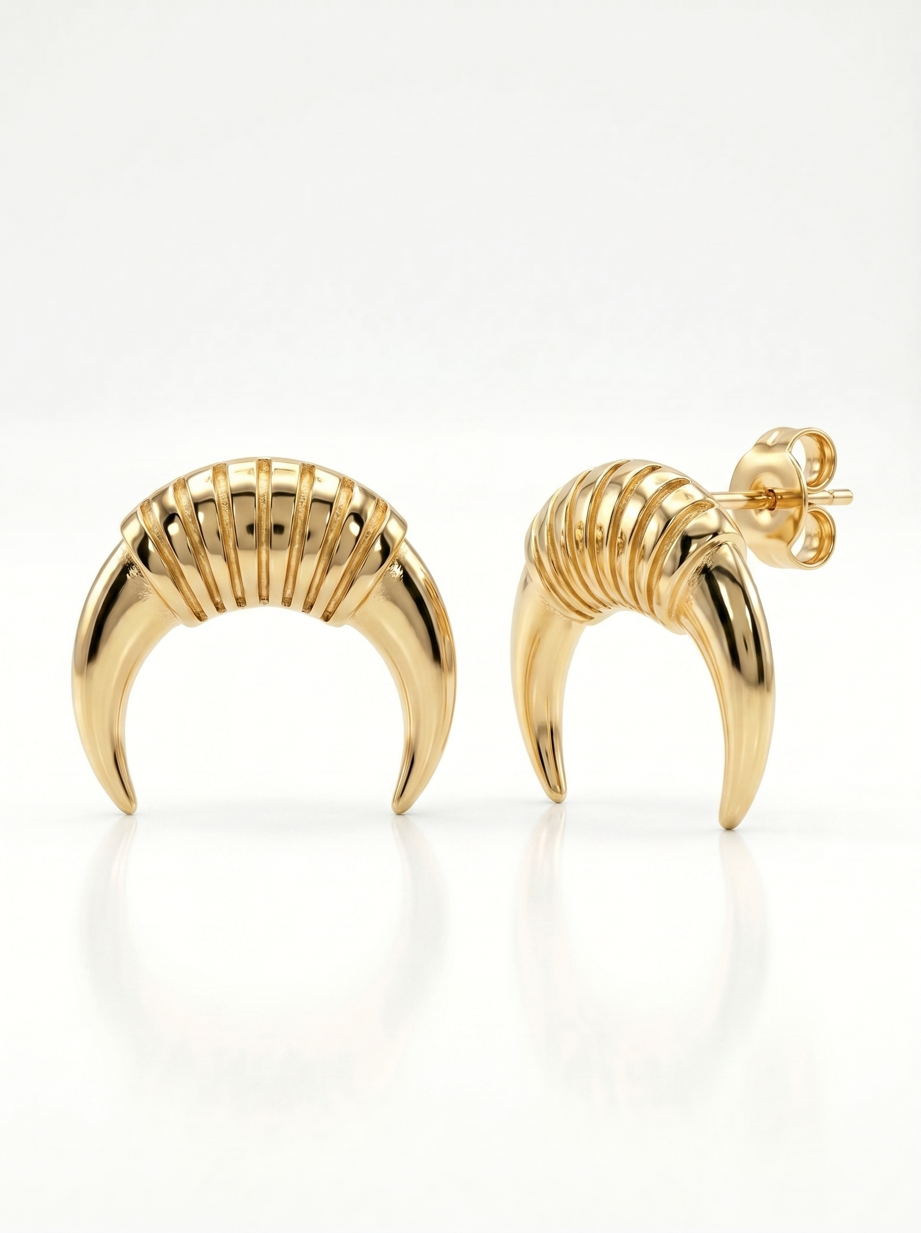 Ribbed Horn Crescent Gold Earring - Gold Earring Pair