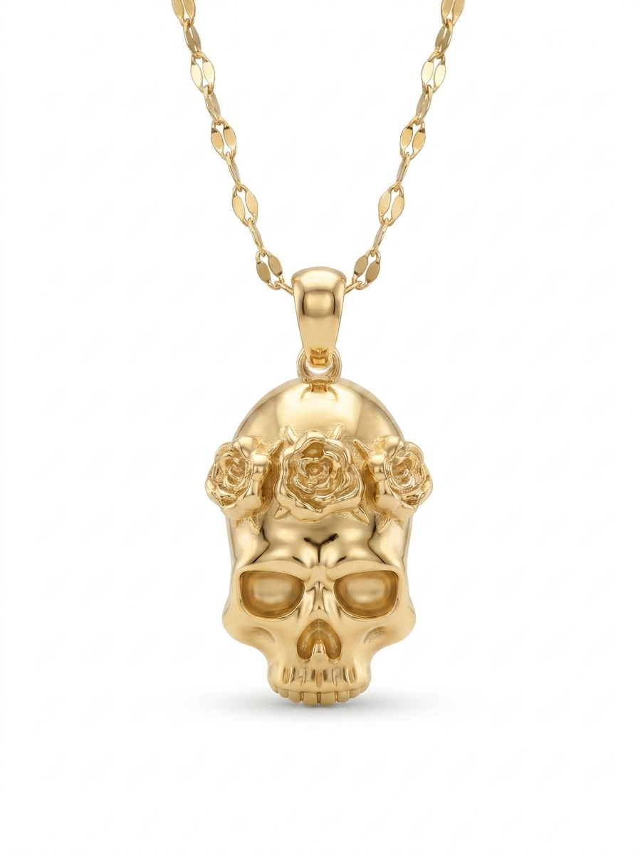 Rose Crown Skull Gold Pendant Necklace