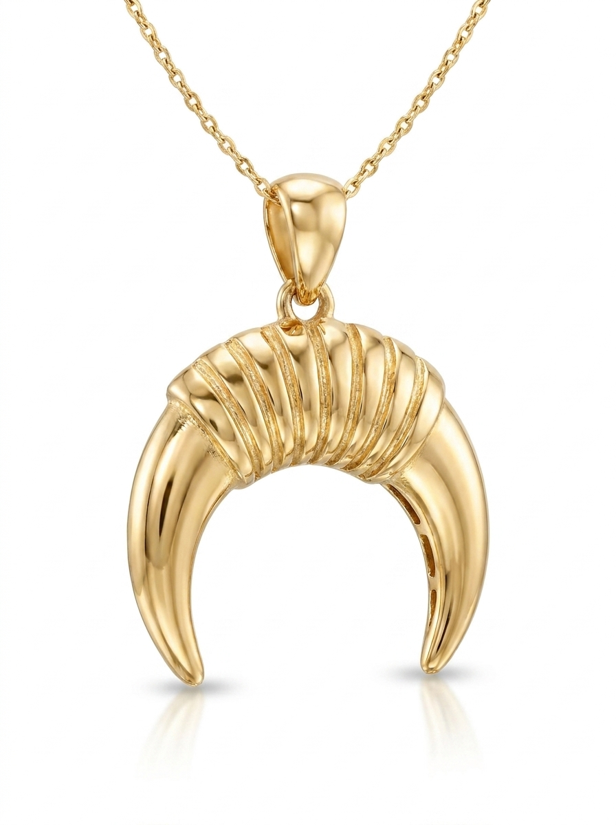 Ribbed Horn Crescent Gold Pendant Necklace